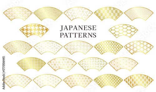 金色の扇形のフレームの和柄模様セット