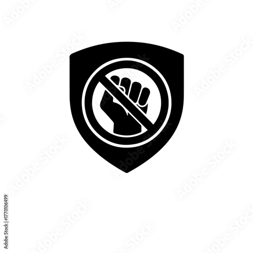 Minimalist silhouette of a protective shield with a 'No Violence' or 'Stop' symbol inside. Ideal for conveying zero tolerance and protection against sexual violence