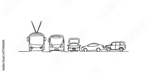 Continuous line drawing of public transport and cars