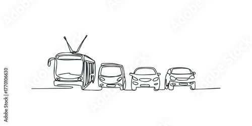 Line art of a tram and cars in traffic