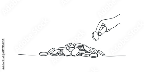 Hand dropping coin onto pile of currency