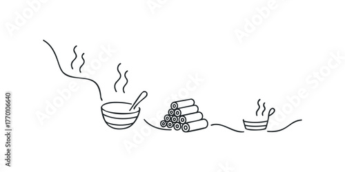 Steaming Bowl with Spoon beside Stacked Logs and Bucket