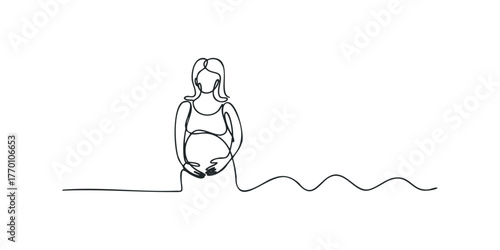 Line art drawing of pregnant woman cradling belly