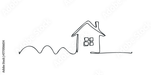 Line drawing of a simple house with wavy ground