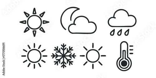 Set of weather icons including sun, moon, rain, snowflake, and thermometer