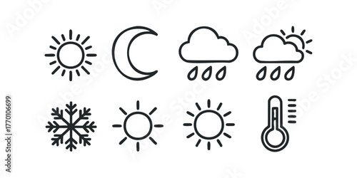 Weather icons collection showing sun, moon, rain, snow, and thermometer