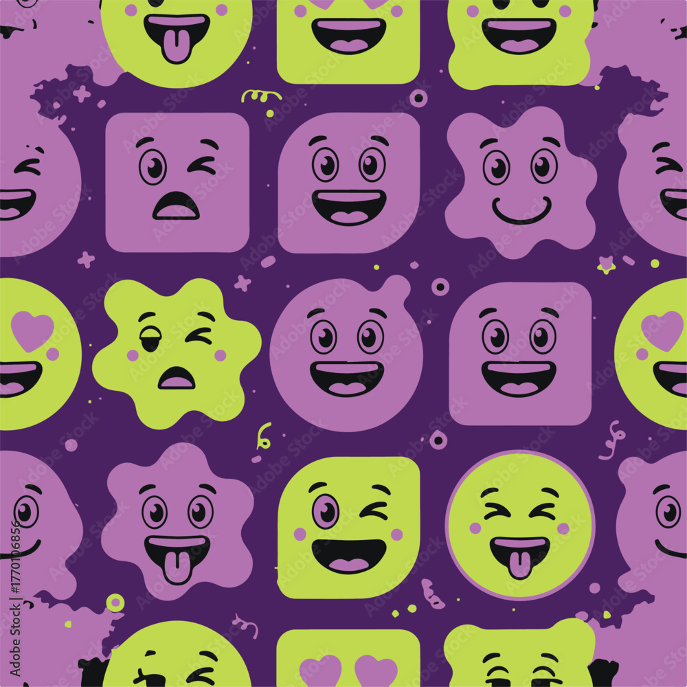 Fototapeta premium Playful Cartoon Faces Grid Illustration in Bright Colors Seamless Pattern.eps