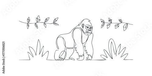 One line drawing of a gorilla standing near foliage