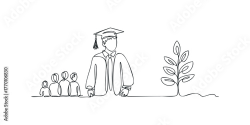 Graduation ceremony scene with a student and growing plant