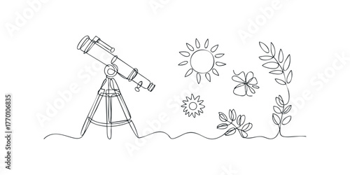 Telescope and abstract sun and floral elements