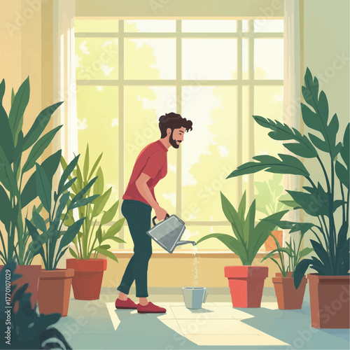 A young man tends to his indoor garden, watering houseplants in a sunlit room. A modern vector illustration of a peaceful hobby and biophilic lifestyle