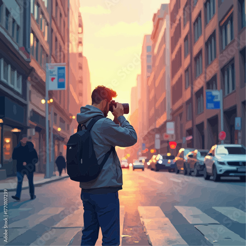 Capturing the Urban Golden Hour Photographer in a Cityscape at Sunset