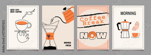 Сoffee break posters design. Illustrations with icons, stickers for menu, kitchen, cafe, pause, store. Drip coffee, hand, mug, kettle, croissant. Vector minimalist art.