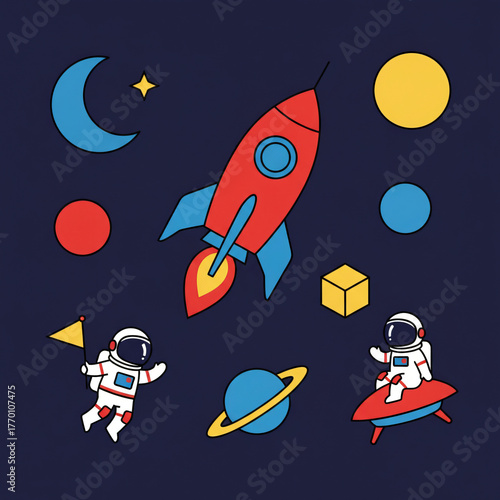Cute Cartoon Space Exploration Set with Astronauts, Rocket Ship, Planets, and Stars on a Dark Blue Background - Flat Vector Illustration for Kids' Design
