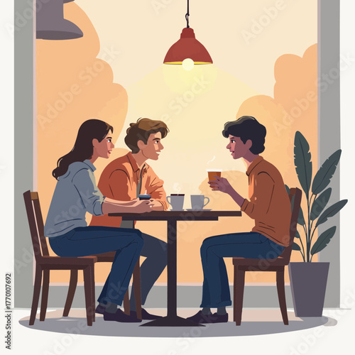 Illustration of a group of friends socializing and drinking coffee together at a table by the window
