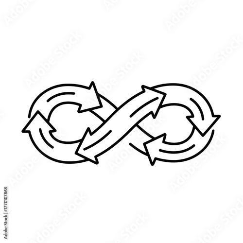 Modern linear icon of an infinity symbol created with intertwining arrows, illustrating perpetual motion, iterative design, and ongoing improvement