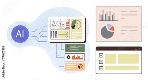 AI module with data charts, metrics, and checklists connected to analysis dashboards. Ideal for technology, data management, automation, efficiency, innovation, visualization and productivity