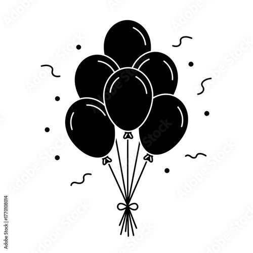 A simple black line icon of a bunch of festive party balloons tied with a ribbon and surrounded by confetti