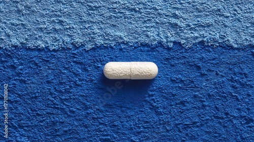 White capsule on blue textured background looks like ocean waves. Use to illustrate medication, anxiety, or mental health concepts.