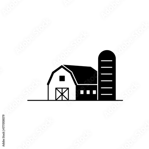 Simple black and white icon illustration of a traditional farm barn and silo, symbolizing agriculture and rural life