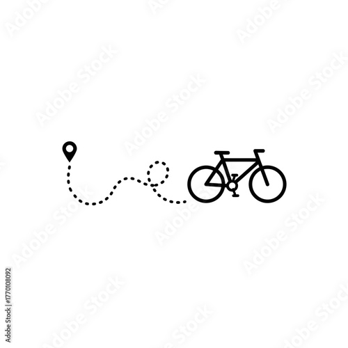 Simple bicycle journey icon showing a dotted line route from a map pin location