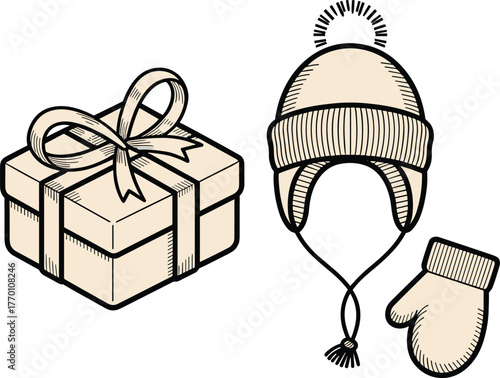 Gift box, winter hat, cartoon mitten, knitted texture, holiday theme, beige tones, cozy wear, seasonal item, festive illustration, warm clothing, tassel detail, cute design, vector fashion,