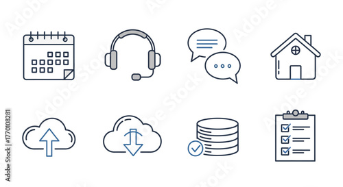 Set of eight outline icons for web and mobile applications.