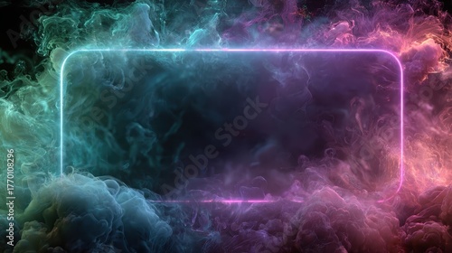 Colorful smoke surrounds a neon rectangular frame on a black background. Use it for futuristic designs, presentations, or special effects in projects.