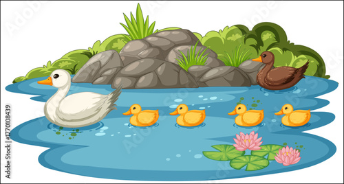 “Duck Family Swimming in Pond with Ducklings and Lotus Flowers”