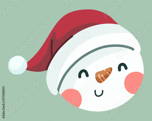 Cute Smiling Snowman Head with Santa Hat