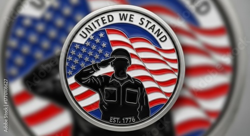 Patriotic Coin with Saluting Soldier and American Flag, United We Stand