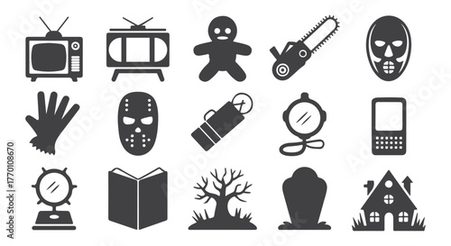Horror & Halloween Silhouette Icons — Mask, Chainsaw, Haunted House, Grave