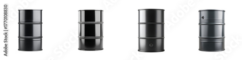 Black Oil Drums: Isolated Industrial Containers on White