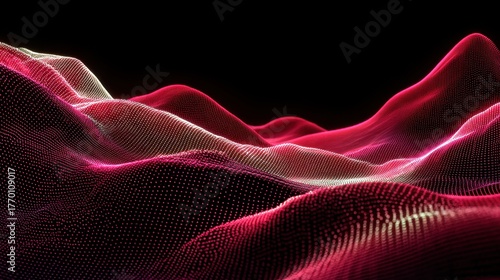 Red digital landscape of glowing dots over a dark background. Ideal for abstract tech, data, science visualizations or presentations.