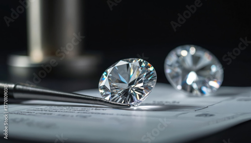 Brilliant cut diamond held by tweezers over grading certificate. Gemologist inspects precious lab grown stone for quality, clarity, cut, color. Another diamond lies nearby. Certification document
