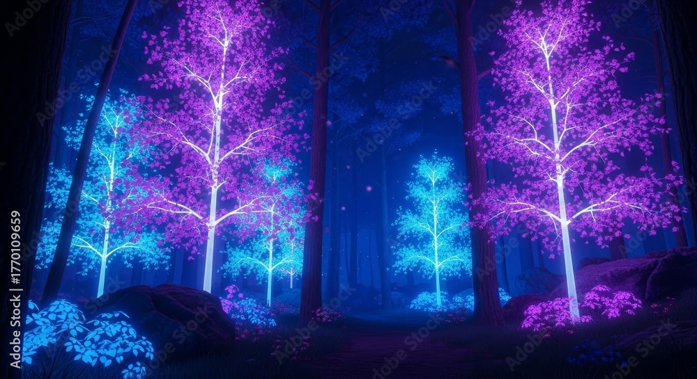 Obraz premium Magical Neon Glowing Trees Illuminate a Mystical Forest Pathway
