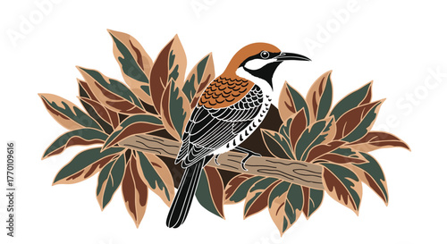 Stylized bird with a reddish-brown crown and black and white markings perches on a branch surrounded by variegated leaves in a natural color palette.