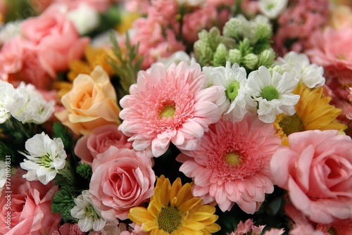 Roses, gerberas, daisies, and greenery are arranged in a colorful bouquet. Use for a background, for cards, or for celebrating any spring event.