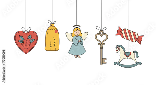 A collection of charming holiday ornaments featuring a heart with holly, a bell, an angel, a vintage key, a wrapped candy, and a rocking horse, suspended against a white background.
