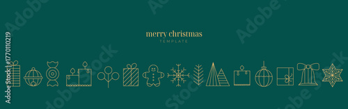 Festive decorative Christmas,  New year line element icons simple border. Winter holiday horizontal minimalist vector banner, card, poster.