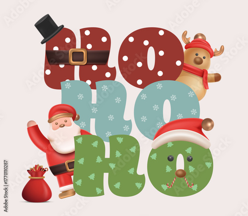 Cute “Ho Ho Ho” Christmas typography design with Santa Claus, gingerbread man, and decorative festive winter elements illustration. Christmas Poster Design Vector Illustration 