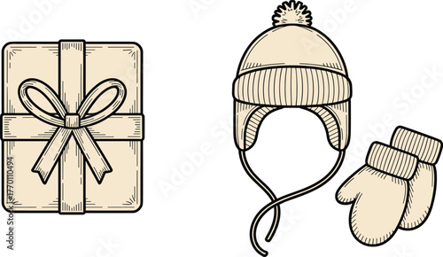 Winter gift set, present box with bow, knit hat and mittens, cad drawing flat vector illustration