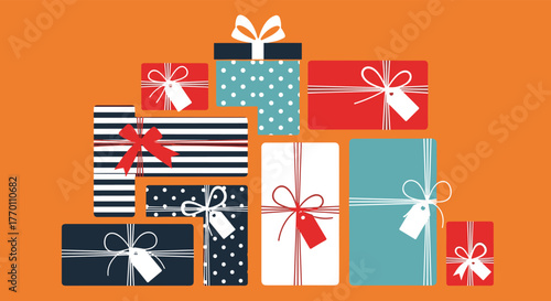 A festive and colorful collection of beautifully wrapped gift boxes with ribbons and tags, perfect for celebrations and special occasions.