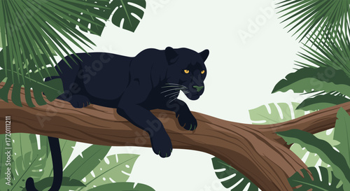 A powerful black panther, with piercing yellow eyes, lies relaxed on a sturdy tree branch, partially hidden by dense jungle leaves.