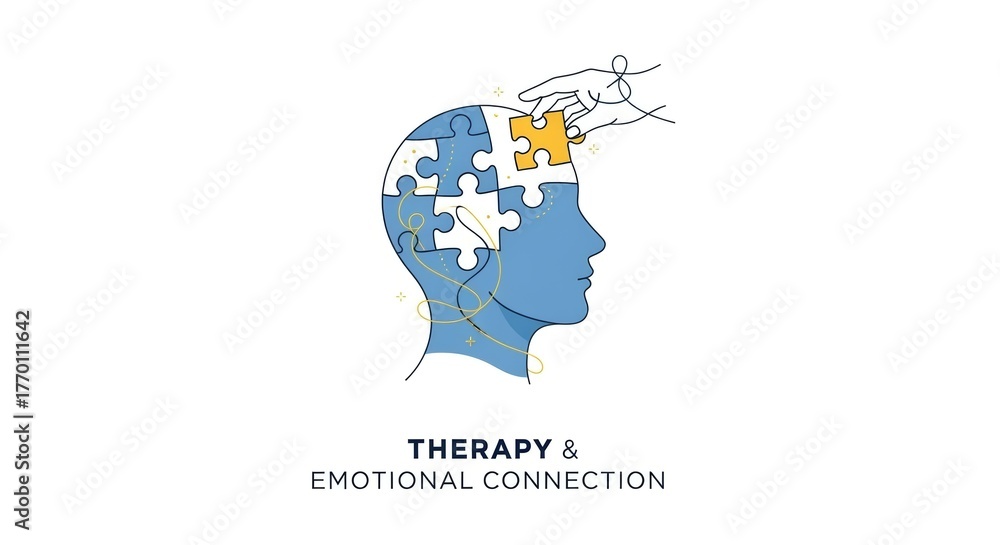 Naklejka premium Hand Placing Puzzle Piece into Head, Symbolizing Emotional Connection and Therapy