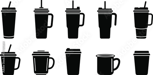 Drinkware silhouette set, coffee mugs, travel cups, takeaway tumblers, black icons, beverage containers, cad drawing flat vector illustration