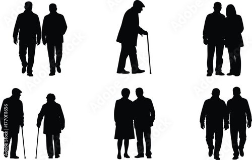 Elderly couple, senior walking, cane support, aging silhouette, companionship icon, mobility aid, vector sketch, black outline, CAD style, flat illustration