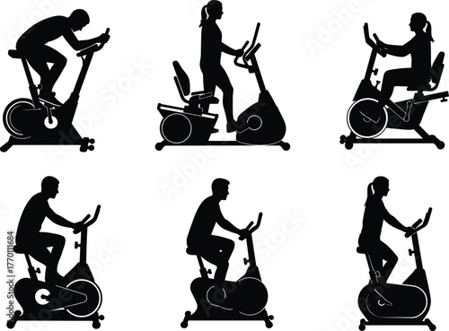 Exercise bike, fitness silhouette, stationary cycling, workout posture, gym equipment, cardio training, vector sketch, black outline, CAD style, flat illustration