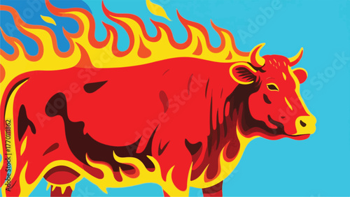 Cow With Hot Burning Fire Illustrator Artwork Banner Background Design Template 