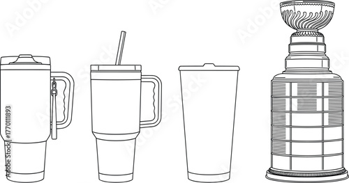 Travel mug, tumbler cup, Stanley Cup, outline drawing, vector sketch, drinkware design, technical illustration, isolated object, CAD style, flat vector